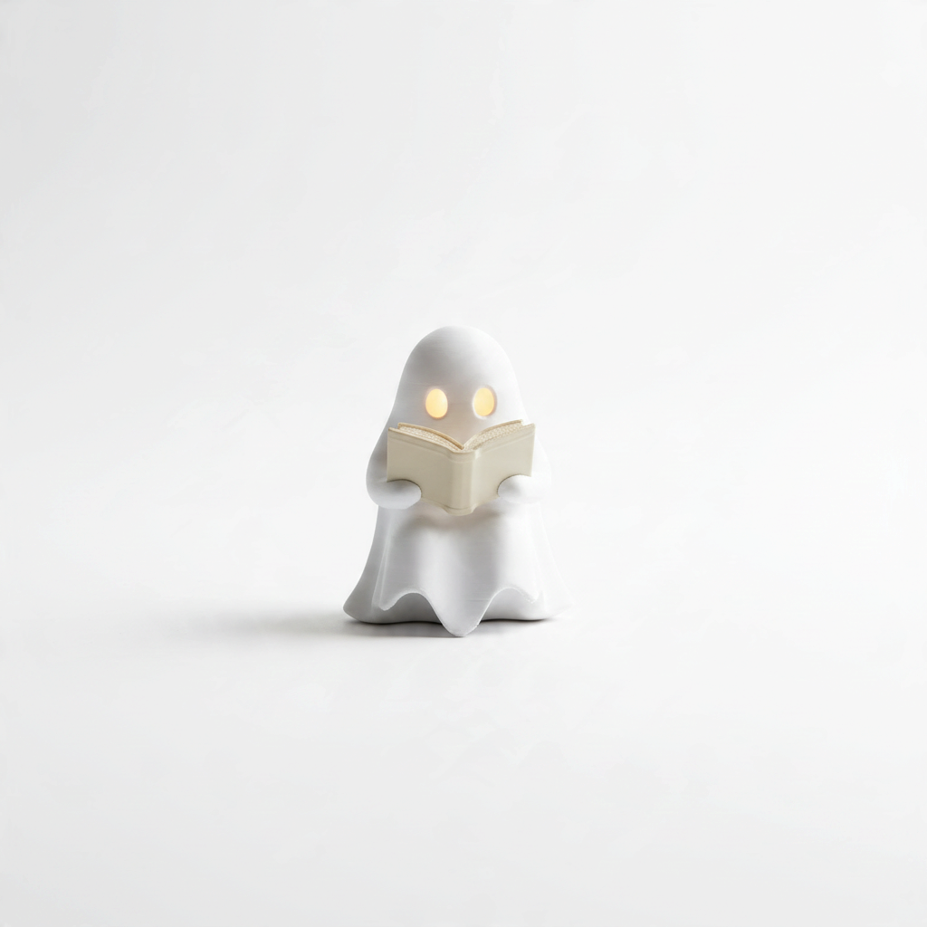 Mellow Monkey beige ghost figurine reading a book with an illuminated LED tealight candle inside
