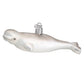 Mellow Monkey Beluga Whale glass holiday ornament, 5.5-in, white with glitter accents and a silver hanging loop.