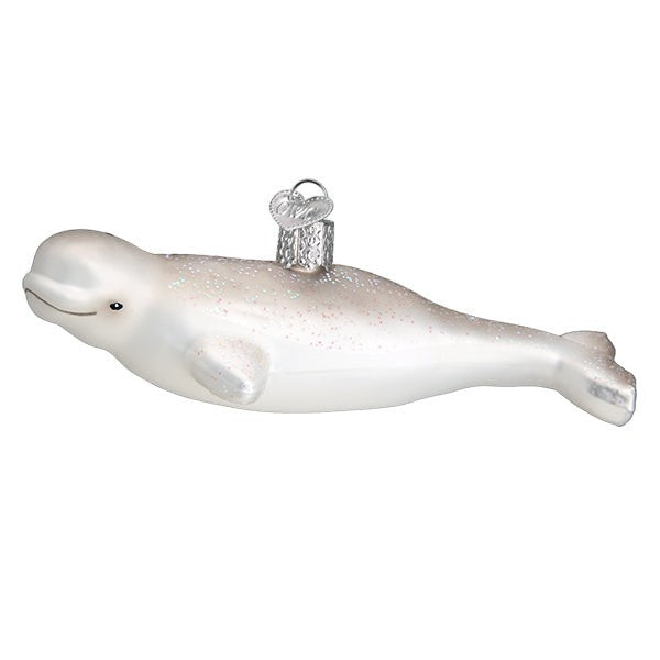 Mellow Monkey Beluga Whale glass holiday ornament, 5.5-in, white with glitter accents and a silver hanging loop.