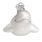 Mellow Monkey white blown glass beluga whale holiday ornament with glitter accents and heart topper.