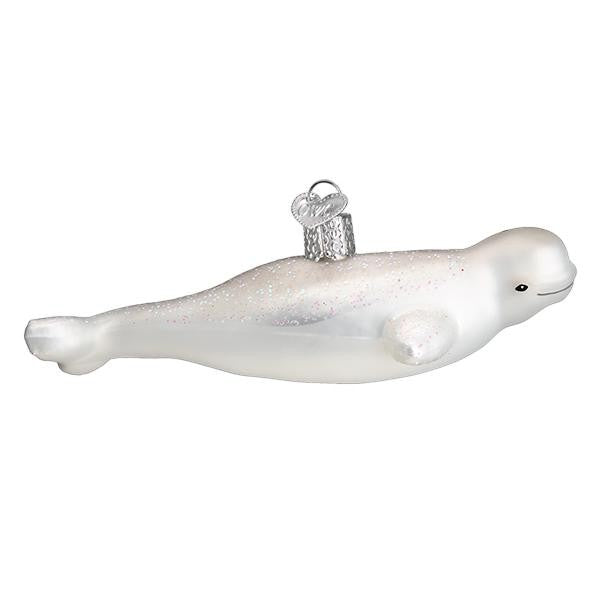 Mellow Monkey white glitter beluga whale glass holiday ornament, 5.5-in. Perfect for ocean lovers and marine biology enthusiasts.