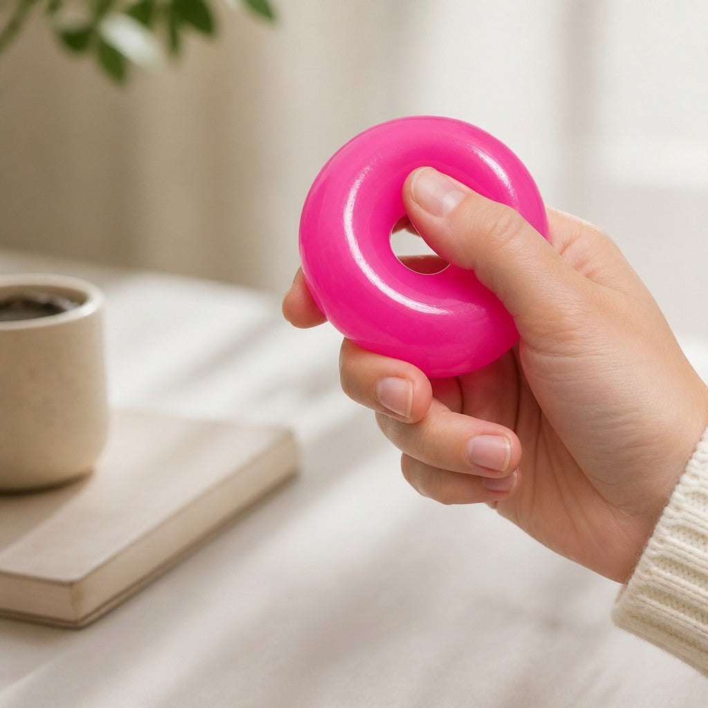 Mellow Monkey FEELZiES Jelly Donut Squishy in bright berry jam pink being held and squeezed by a hand