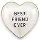 Mellow Monkey white ceramic heart-shaped trinket dish with gold trim and "Best Friend Ever" text.