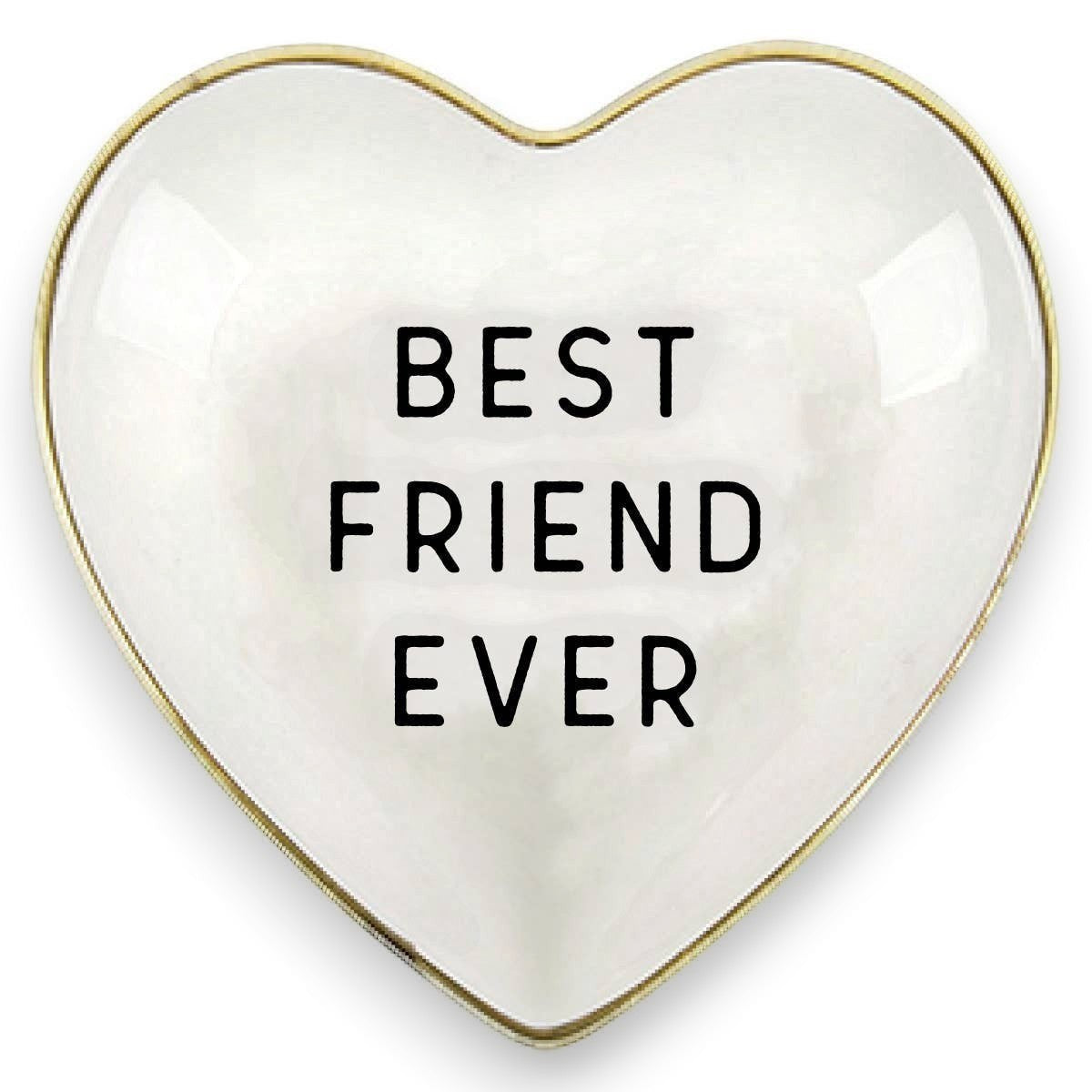 Mellow Monkey white ceramic heart-shaped trinket dish with gold trim and "Best Friend Ever" text.