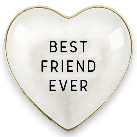 Mellow Monkey white ceramic heart-shaped trinket dish with gold trim and "Best Friend Ever" text.