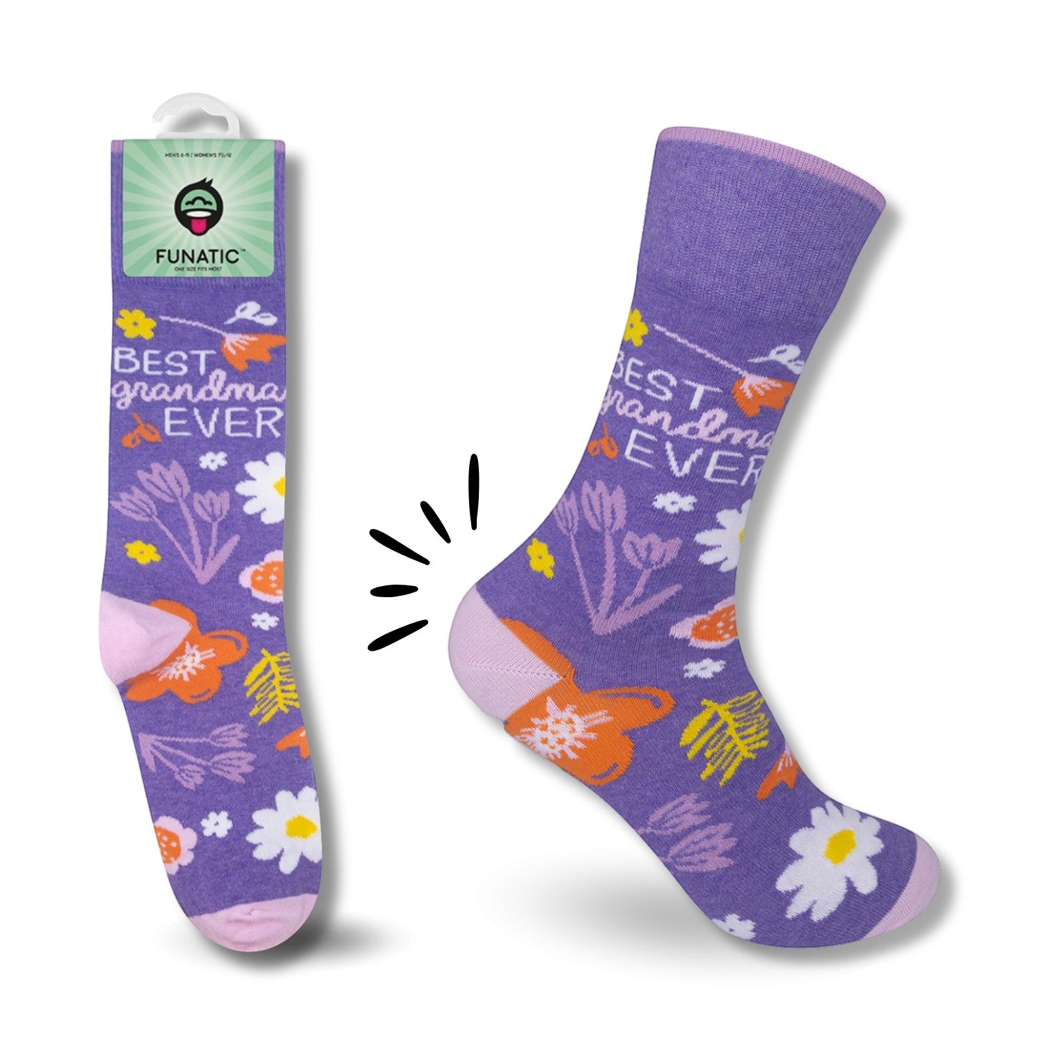 Mellow Monkey purple crew socks with floral pattern and Best Grandma Ever text, featuring lavender heels and toes.
