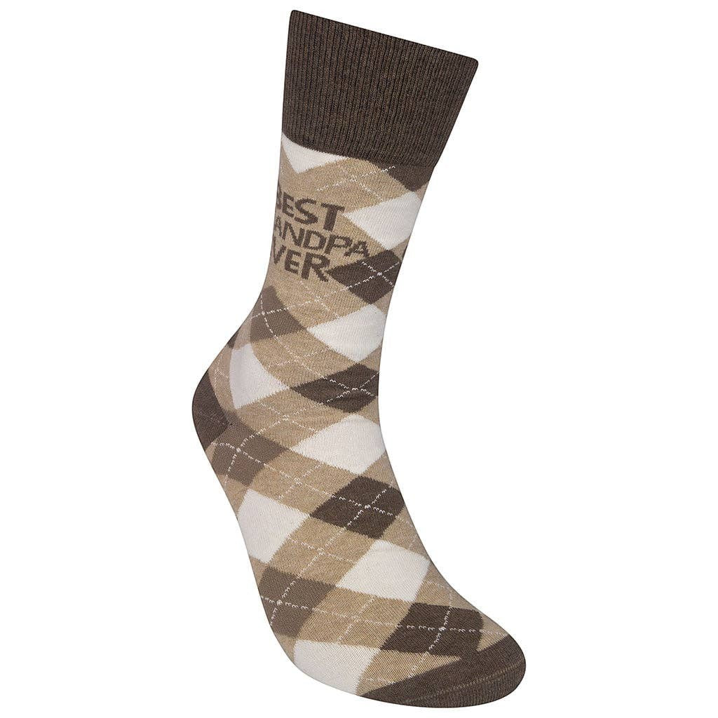 Mellow Monkey brown argyle socks featuring Best Grandpa Ever text, made from a soft and durable cotton blend.
