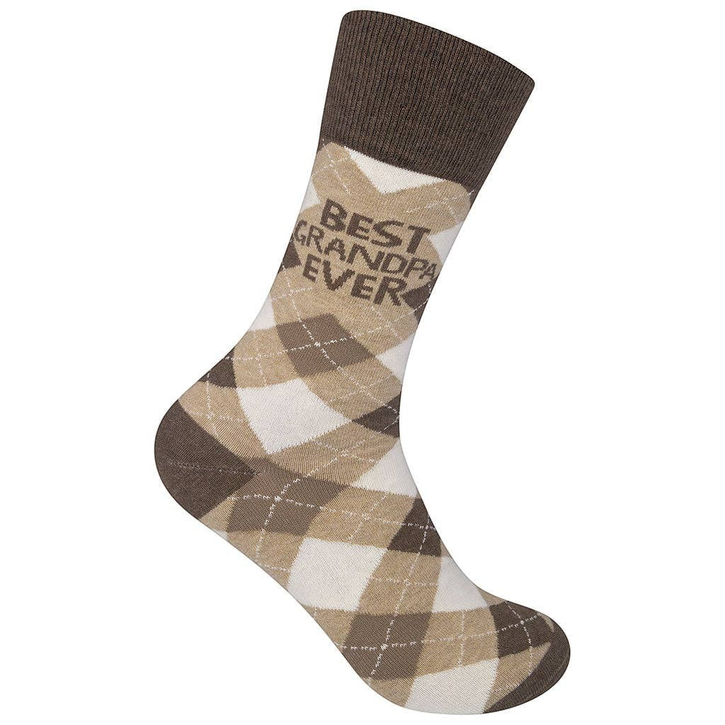 Mellow Monkey brown argyle socks featuring Best Grandpa Ever text, made from a soft cotton blend for men and women.