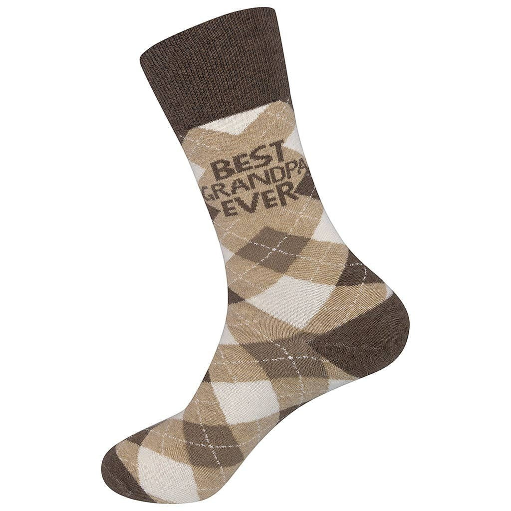 Mellow Monkey brown argyle socks featuring Best Grandpa Ever text in a soft cotton blend for a funny gift