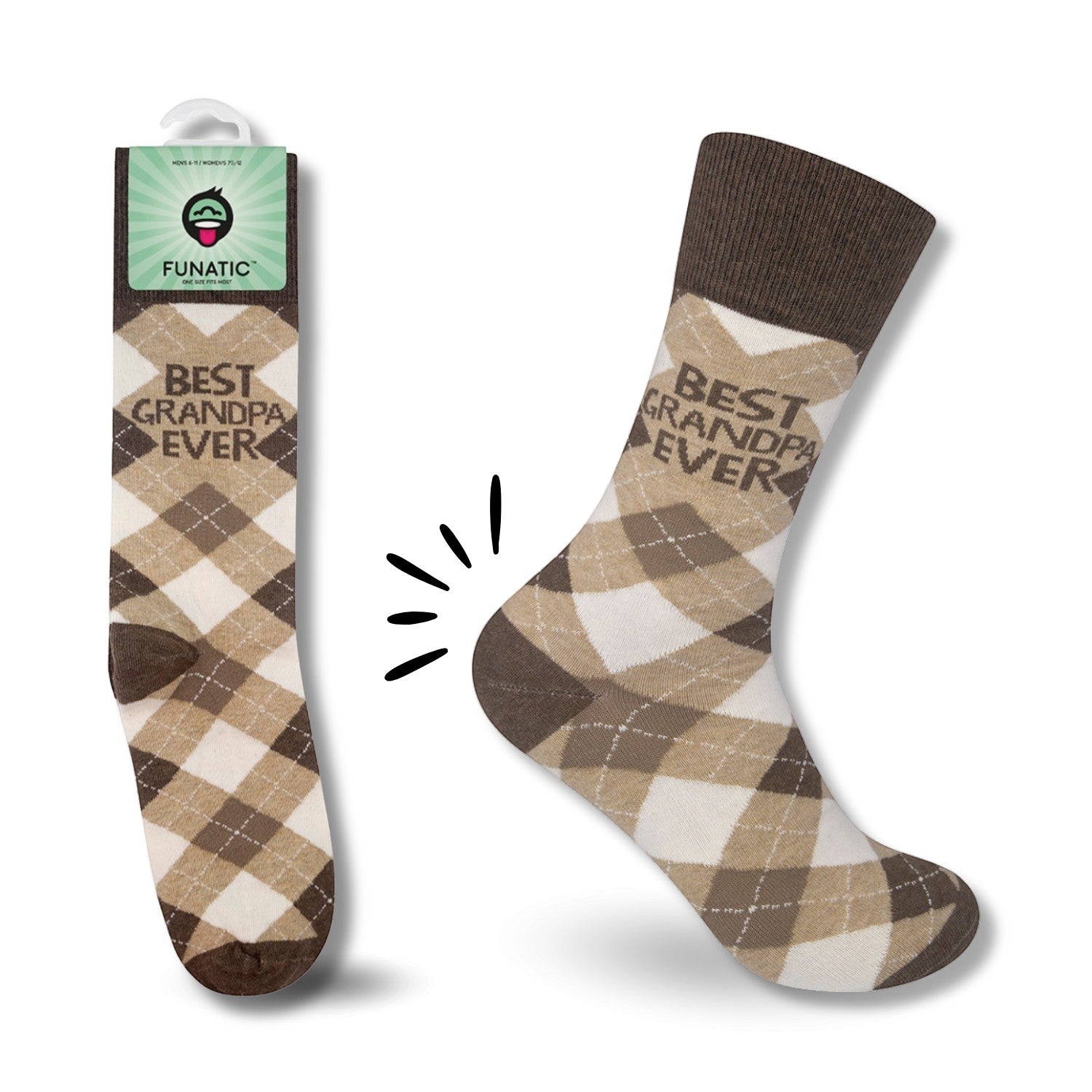 Mellow Monkey Best Grandpa Ever brown argyle novelty socks with text design for men and women