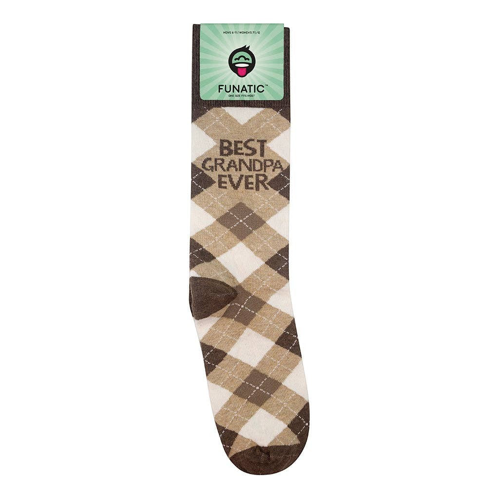 Mellow Monkey brown argyle socks with Best Grandpa Ever text, featuring a soft cotton blend and novelty design.