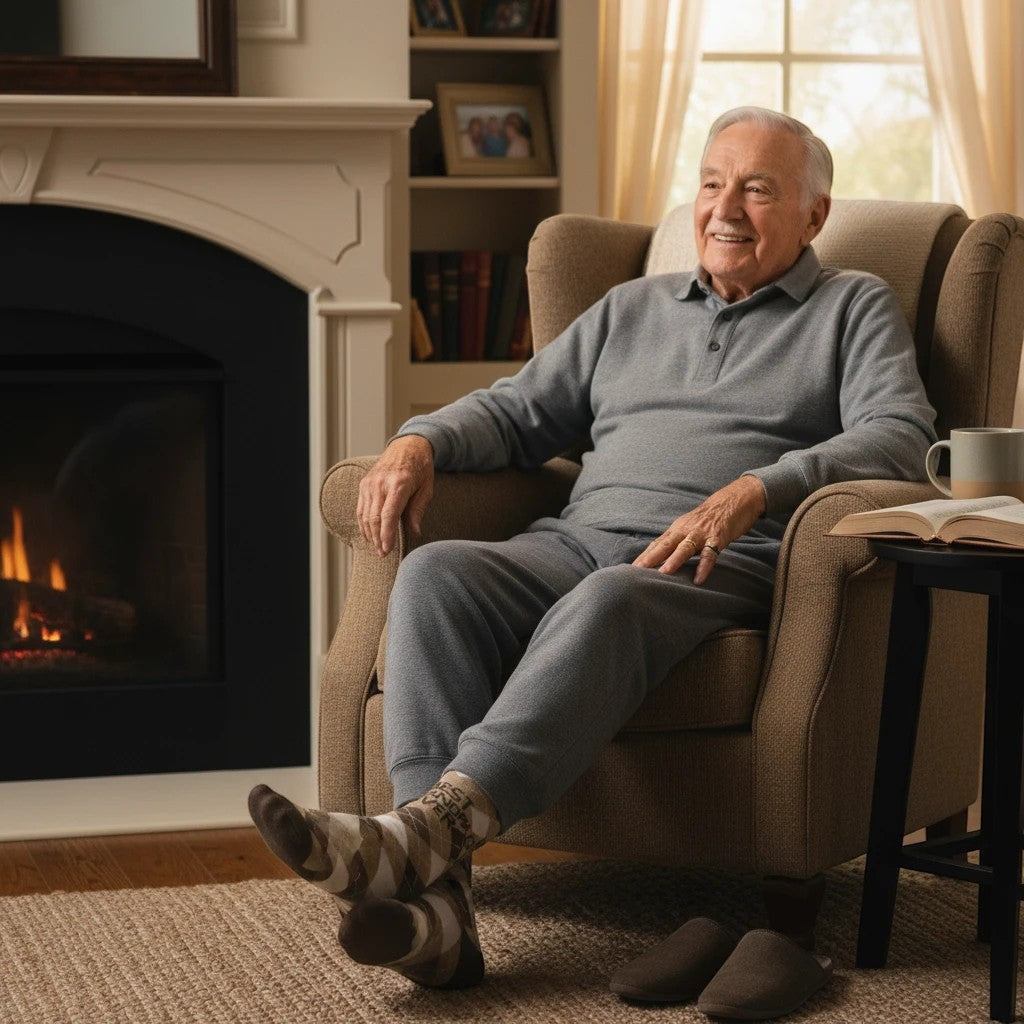 Mellow Monkey brown argyle socks with Best Grandpa Ever text worn by a smiling elderly man sitting in a cozy armchair