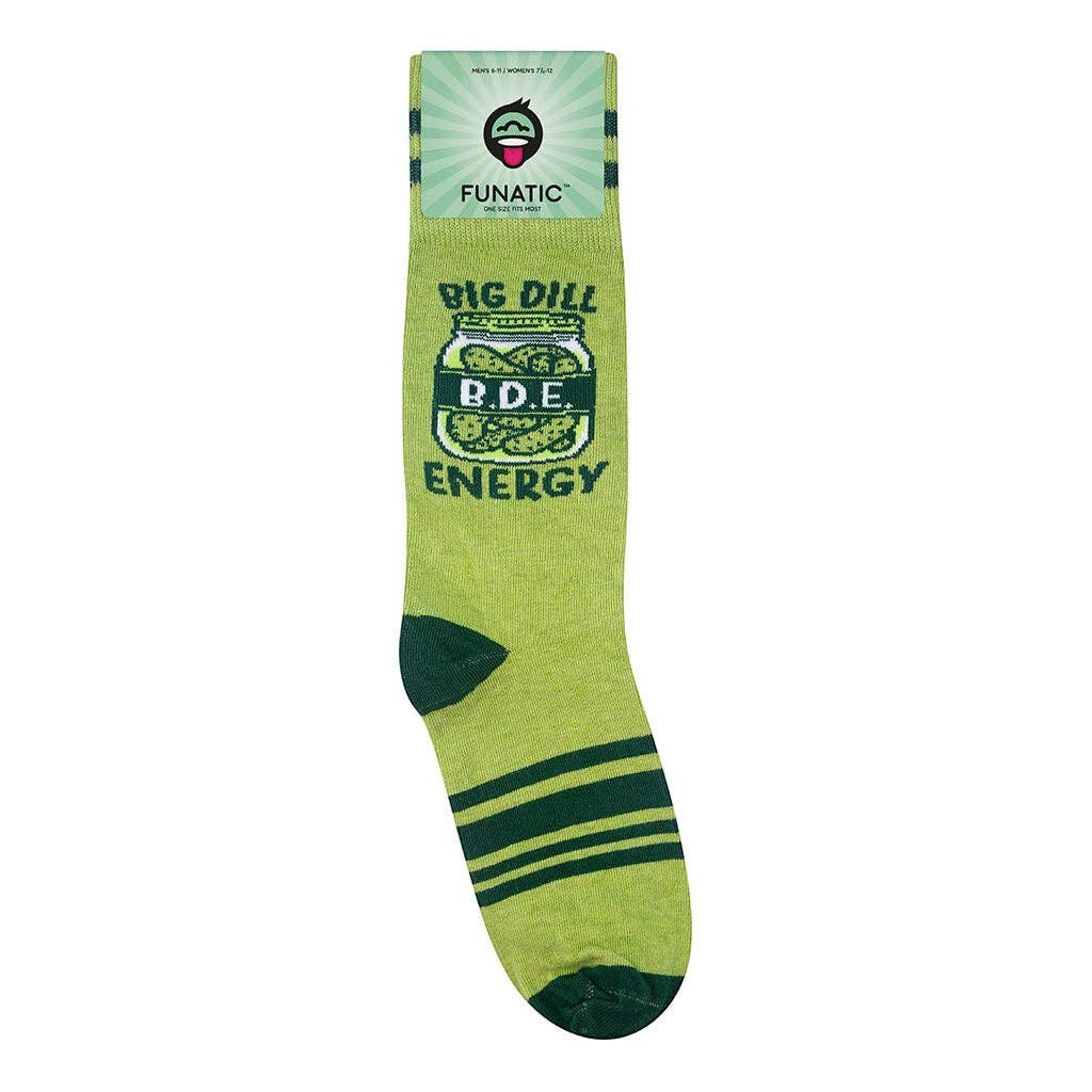 Mellow Monkey Funatic Big Dill Energy crew socks in light green with a pickle jar graphic and dark green accents.
