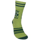 Mellow Monkey Big Dill Energy crew socks in light green with dark green stripes and a pickle jar graphic.