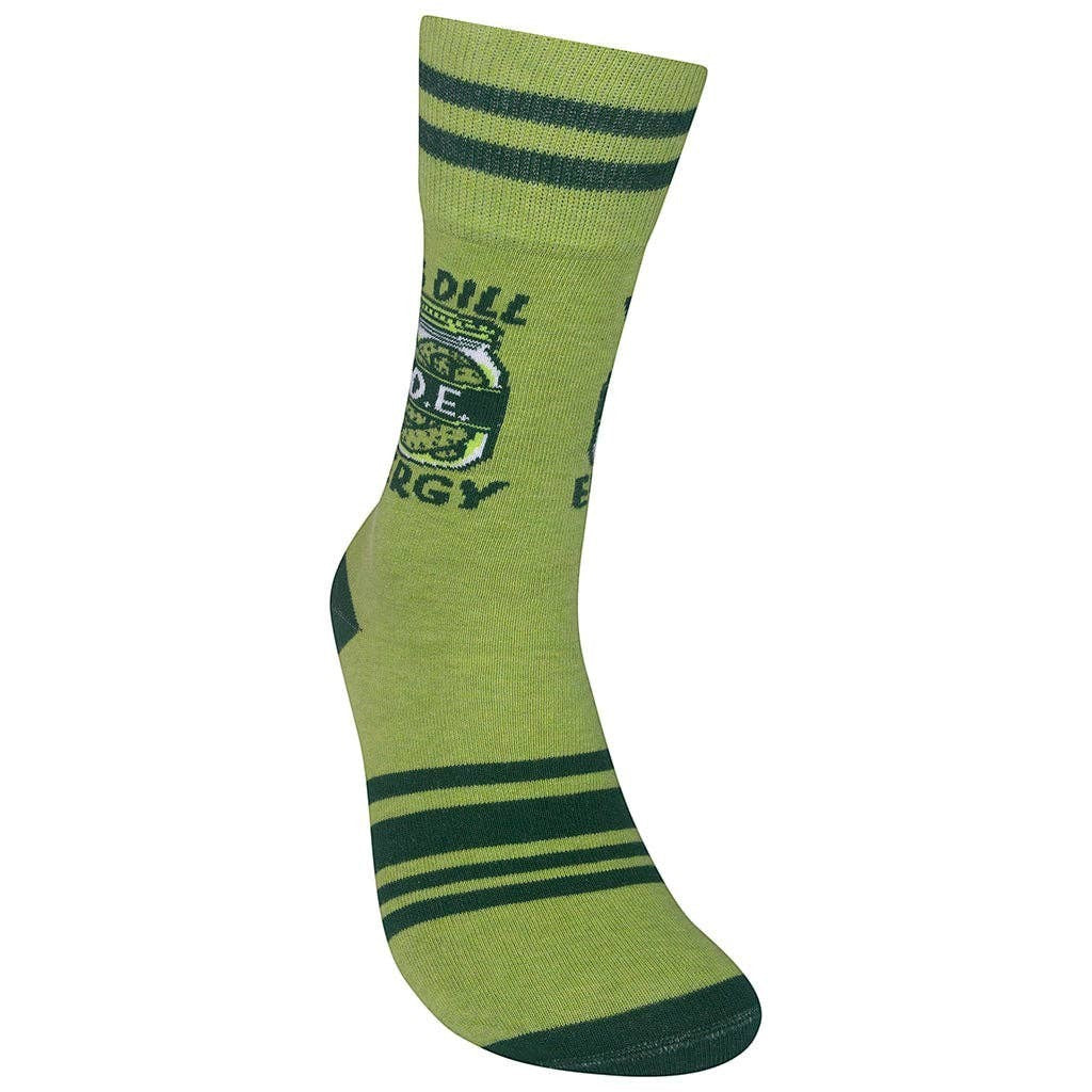 Mellow Monkey Big Dill Energy crew socks in light green with dark green stripes and a pickle jar graphic.