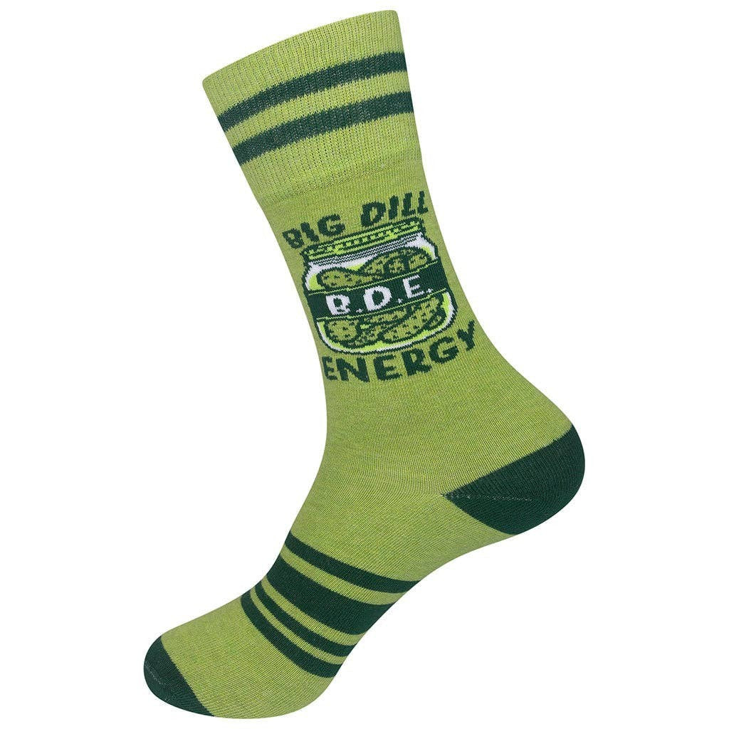 Mellow Monkey light green crew socks featuring a pickle jar graphic with the text Big Dill Energy and dark green stripes