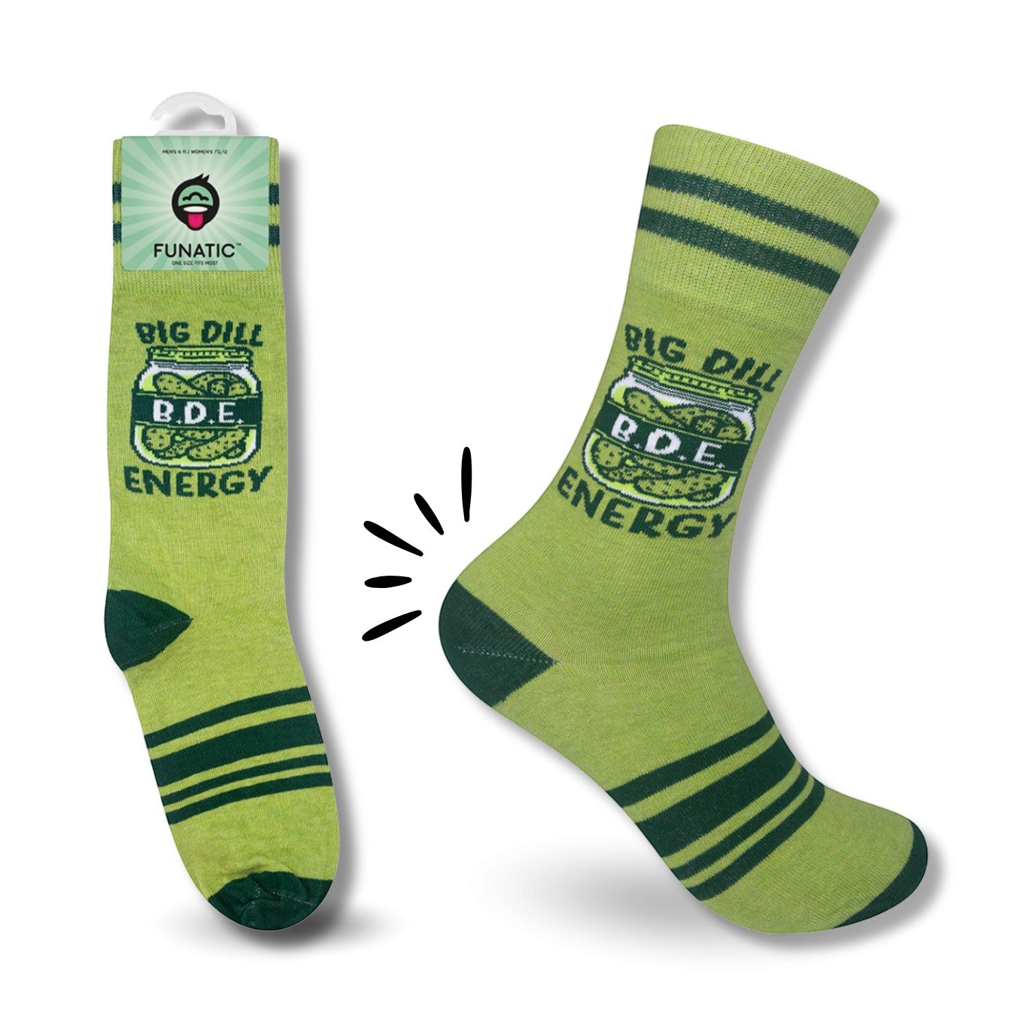 Mellow Monkey Funatic Big Dill Energy crew socks in light green with pickle jar graphic and dark green accents.