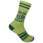 Mellow Monkey Big Dill Energy crew socks in light green with a pickle jar graphic and dark green striped accents.