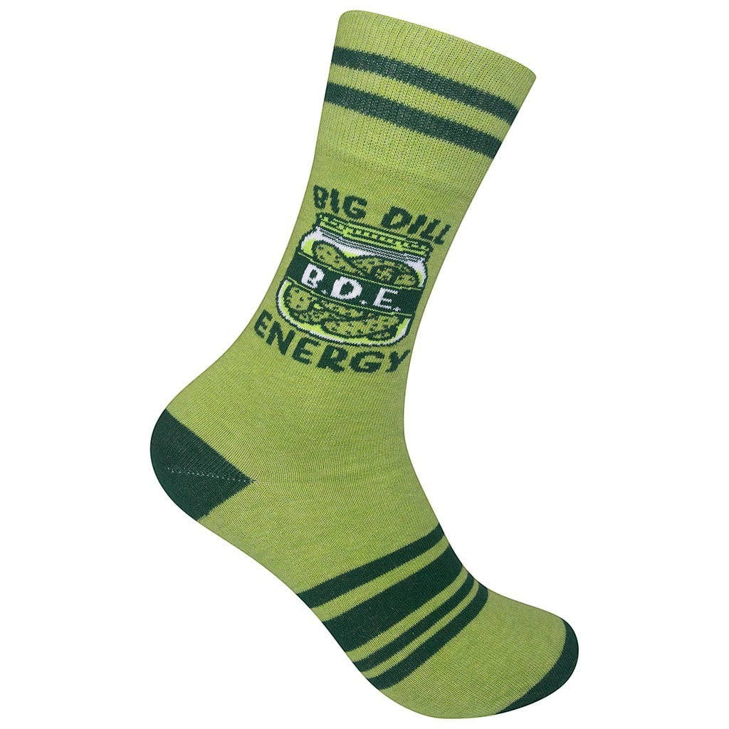 Mellow Monkey Big Dill Energy crew socks in light green with a pickle jar graphic and dark green striped accents.