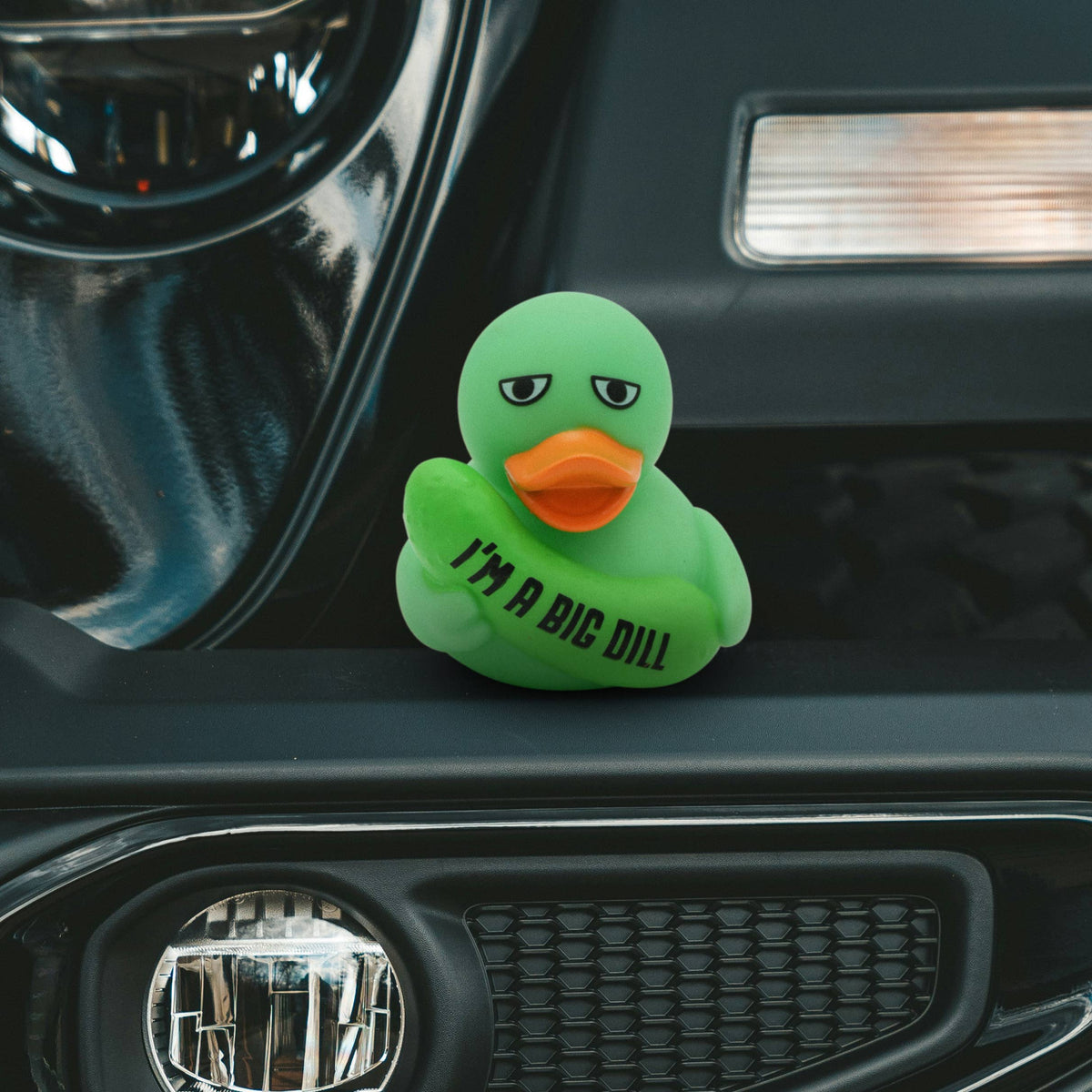 Mellow Monkey green rubber duck with an orange beak holding a pickle with the text I am a big dill on a car bumper