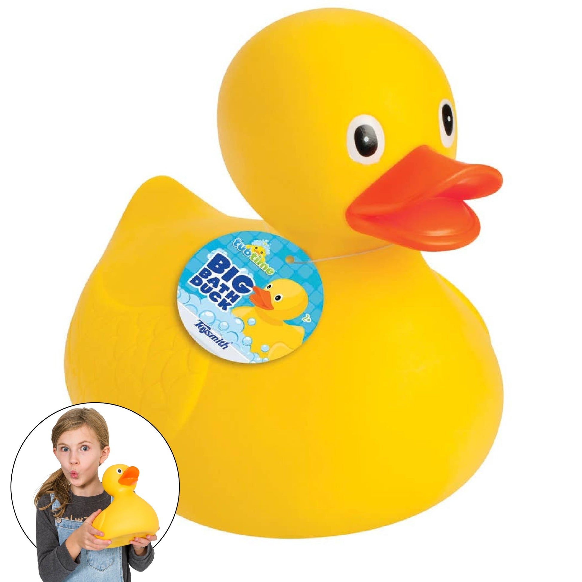 Mellow Monkey Tub Time big yellow plastic bath duck toy with orange beak and attached product tag
