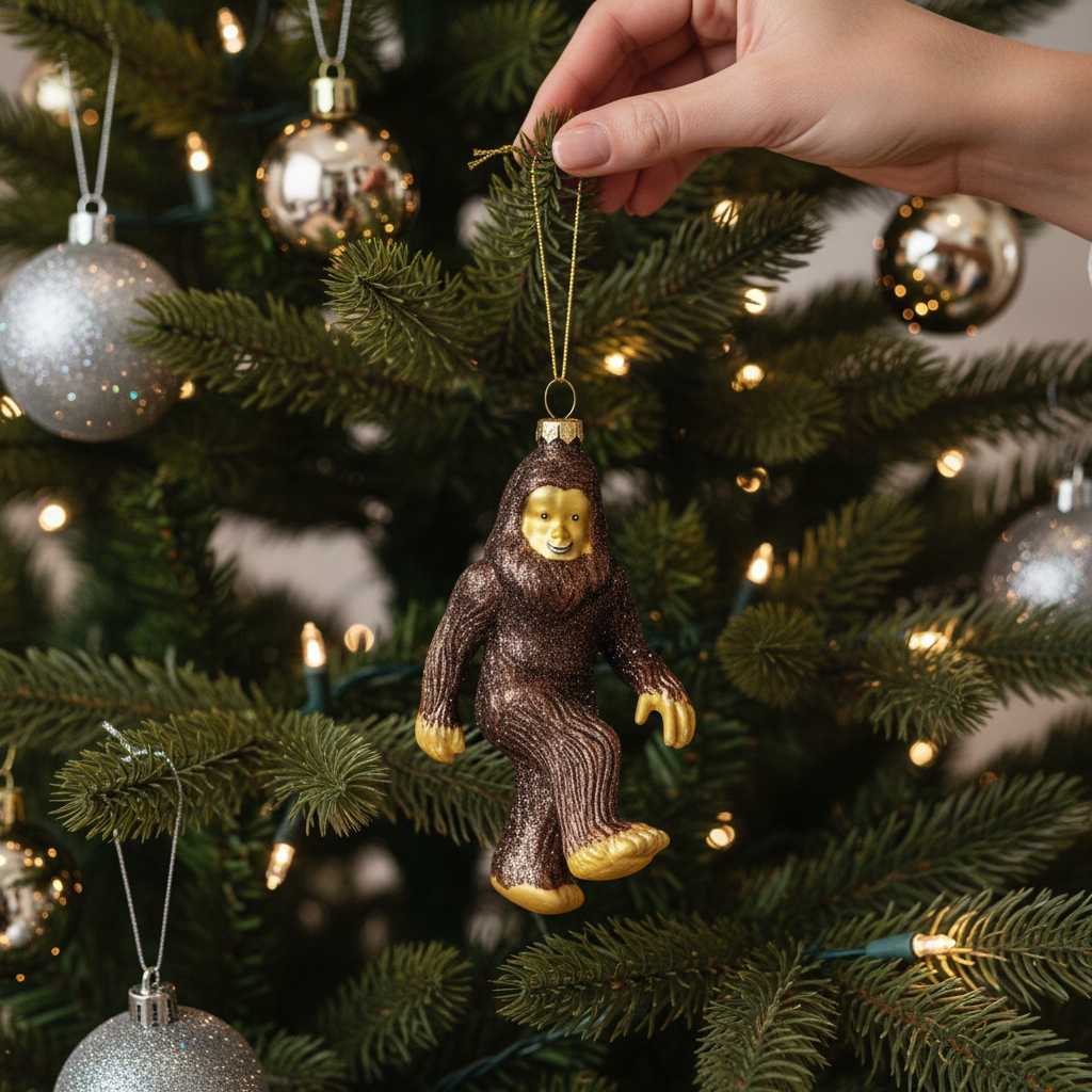 Mellow Monkey hand-painted glass Bigfoot ornament in brown and gold with glitter accents hanging on a Christmas tree.