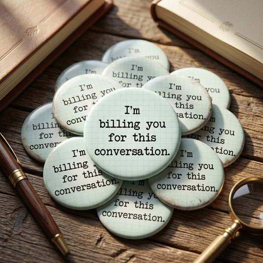 Mellow Monkey 1.25-inch round pin-back buttons with a grid pattern and the text I'm billing you for this conversation.