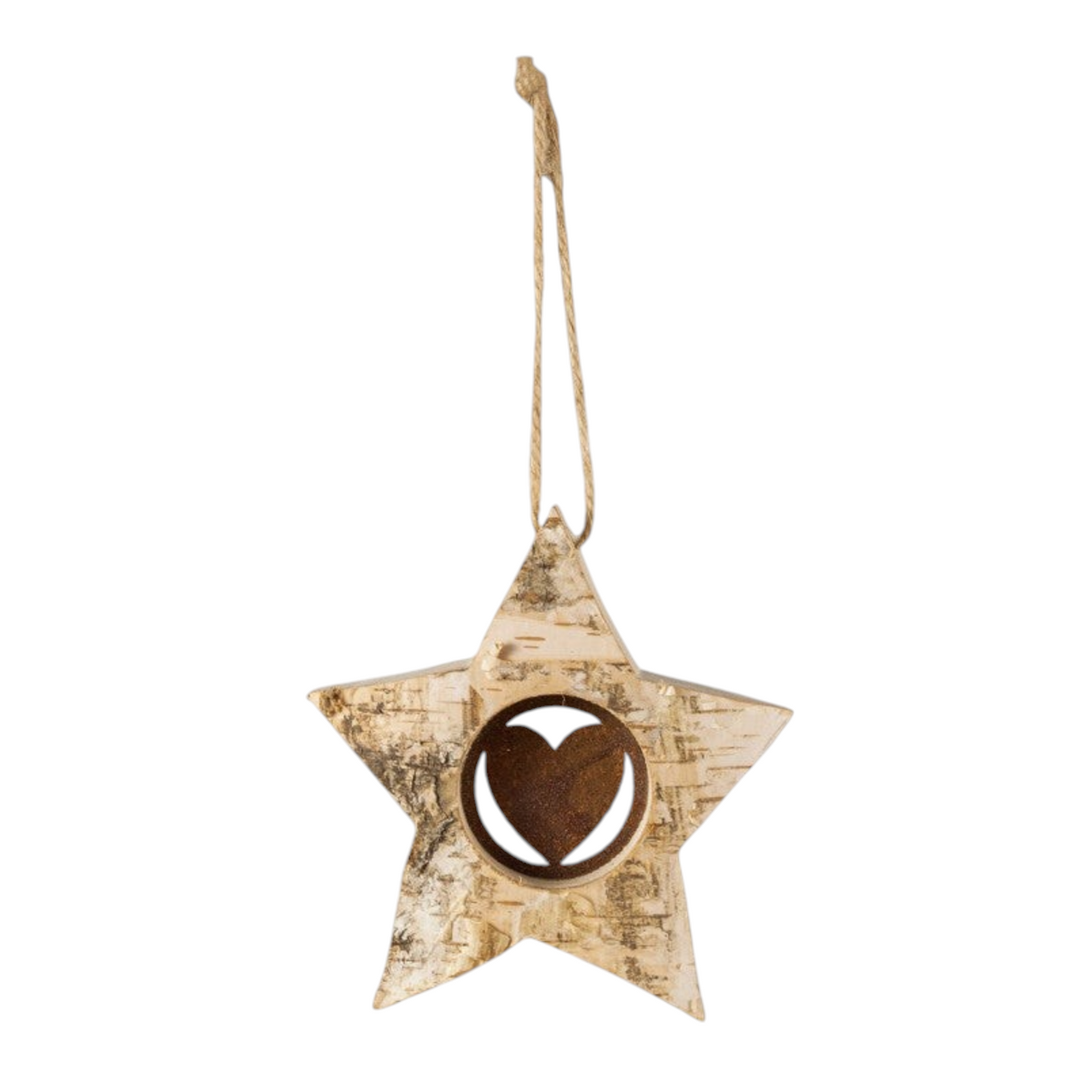 Mellow Monkey handcrafted birch bark star ornament with a rustic iron heart cutout and jute hanging string