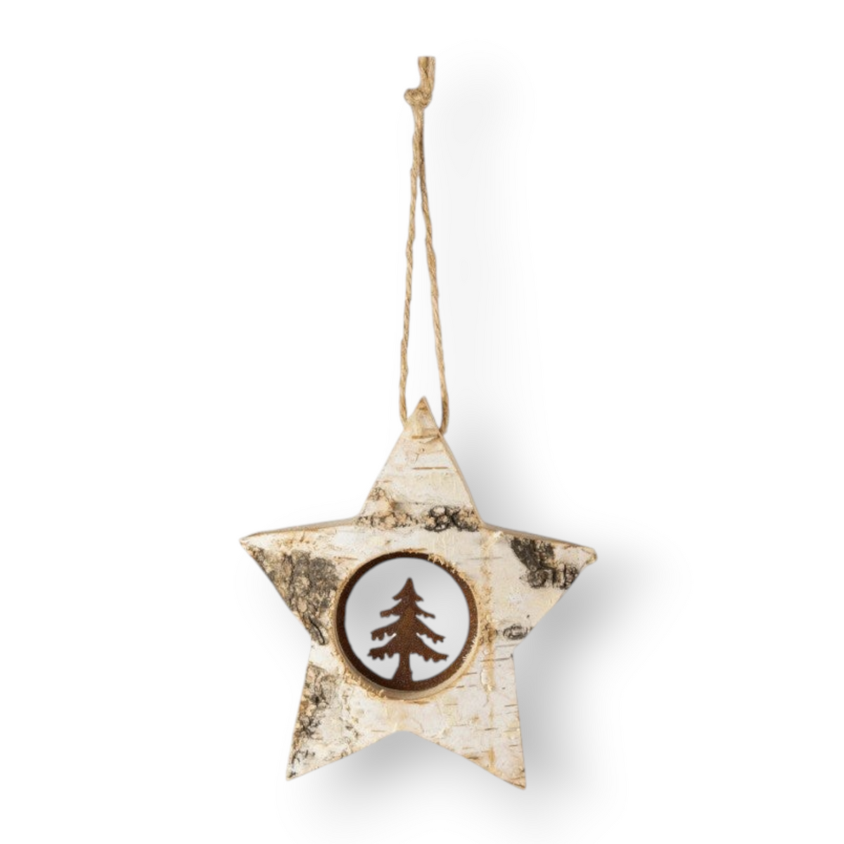 Mellow Monkey handcrafted birch bark star ornament with rustic iron tree cutout and natural wood grain texture.
