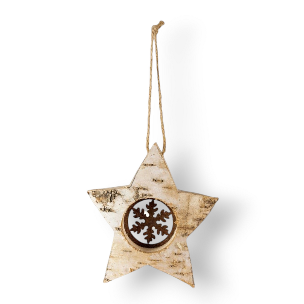 Mellow Monkey handcrafted birch bark star ornament with a rustic iron snowflake cutout and natural twine hanger