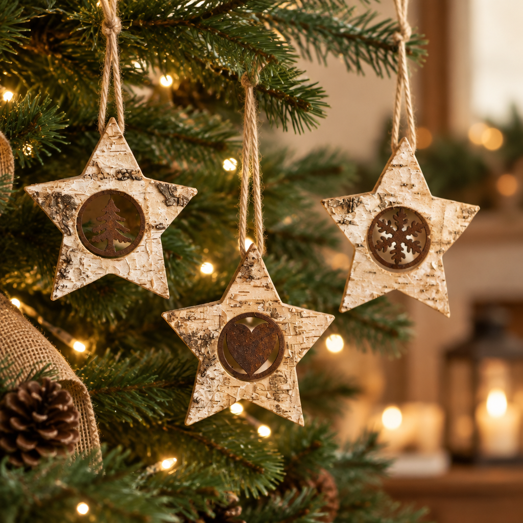 Mellow Monkey birch bark star ornaments with iron cut-out icons hanging on a decorated Christmas tree