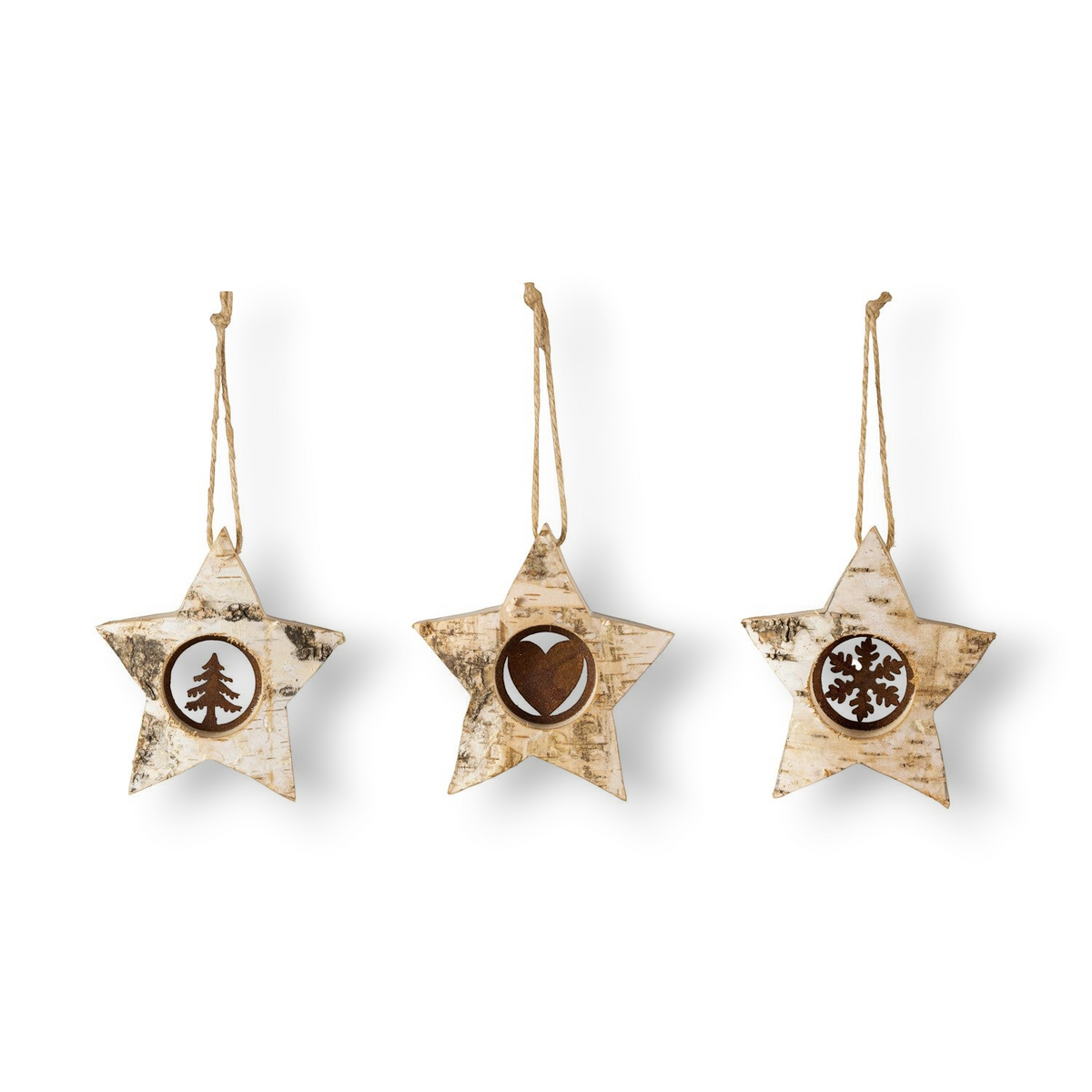 Mellow Monkey set of three rustic birch bark star ornaments with iron tree, heart, and snowflake cut-out details.