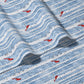 Mellow Monkey waffle dish towel with a blue and white birch tree stripe pattern and red cardinal bird print