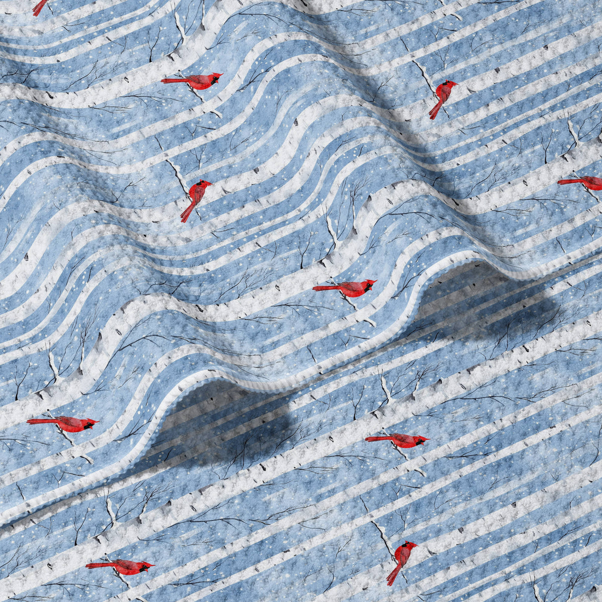 Mellow Monkey waffle dish towel with a blue and white birch tree stripe pattern and red cardinal bird print