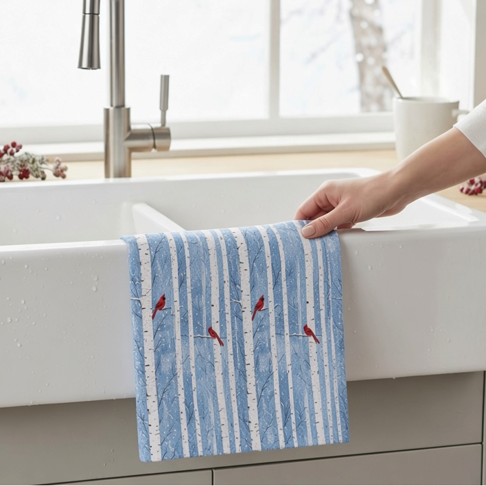 Mellow Monkey waffle dish towel with blue birch tree and red cardinal print hanging over a white farmhouse kitchen sink