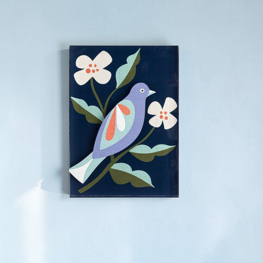 Mellow Monkey Rest Together Tile Acrylic Wall Art, 5x7 inches, featuring a lavender bird perched on a branch with white flowers against a navy background.