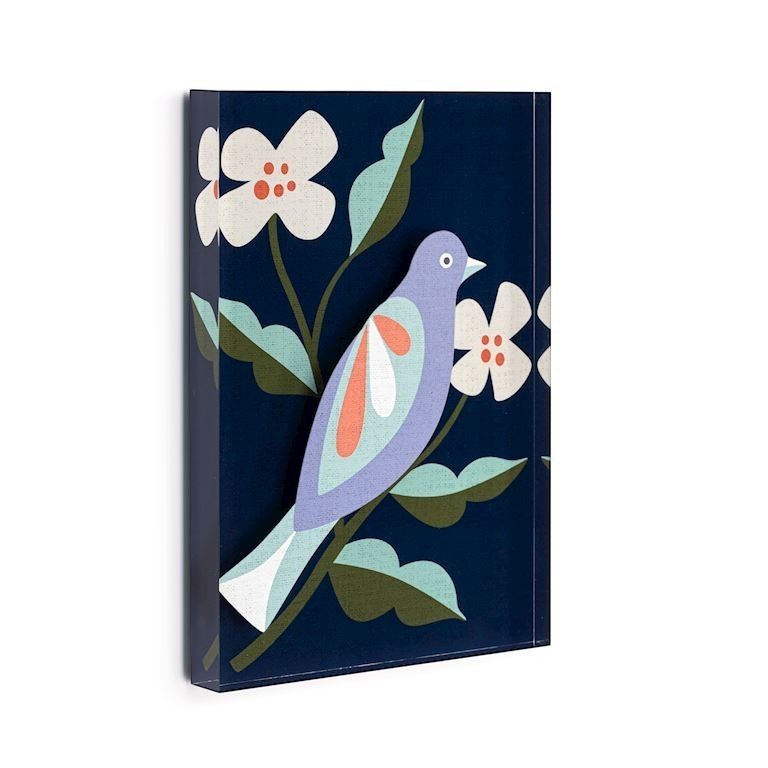 Mellow Monkey Rest Together Tile Acrylic Wall Art, 5x7-in, featuring a lavender bird on a dark blue background with white flowers and green leaves.