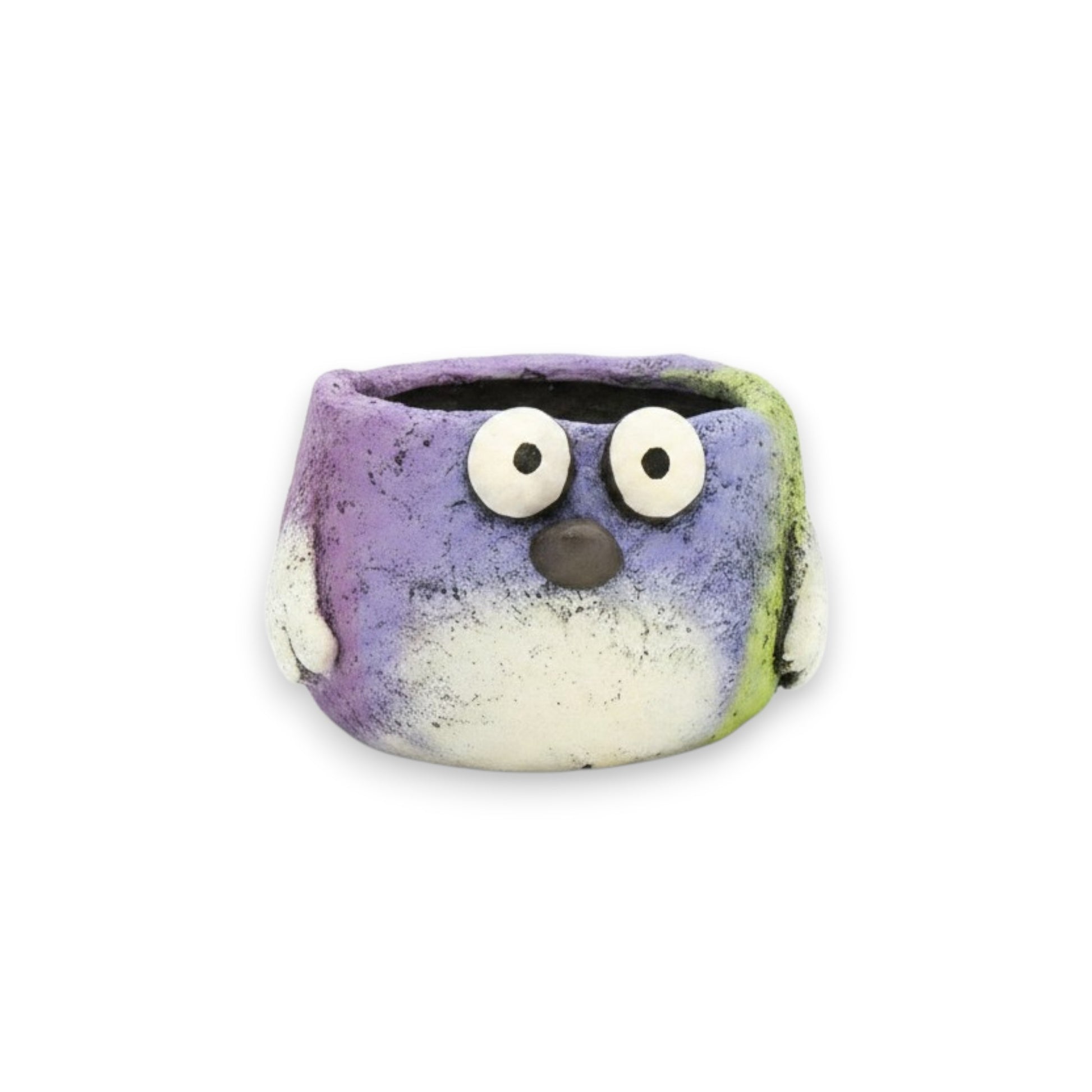 Mellow Monkey whimsical poly-resin bird planter in purple, white, and green with large googly eyes and a small nose.