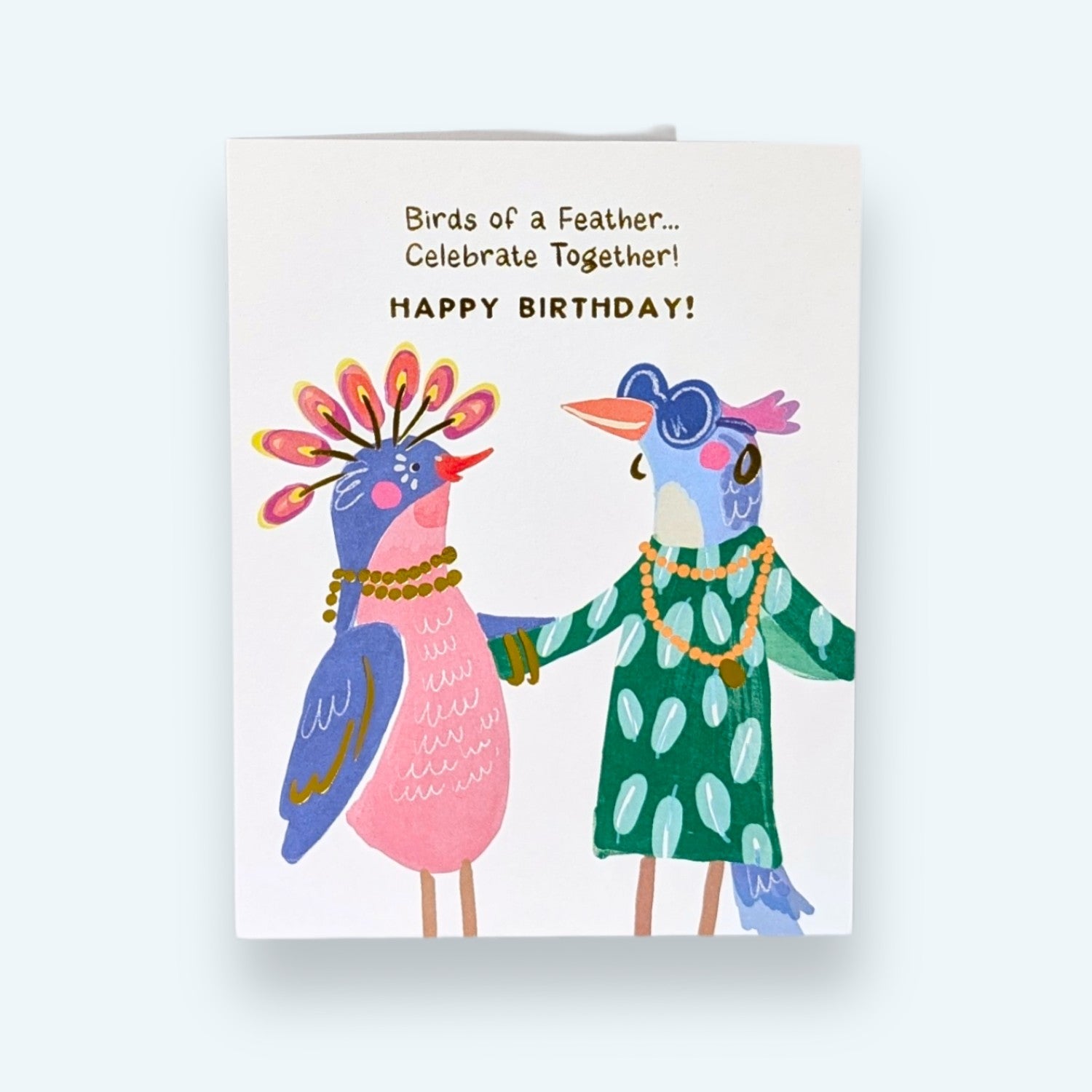 Mellow Monkey Birds of a Feather greeting card with hand-illustrated whimsical birds and gold foil birthday text