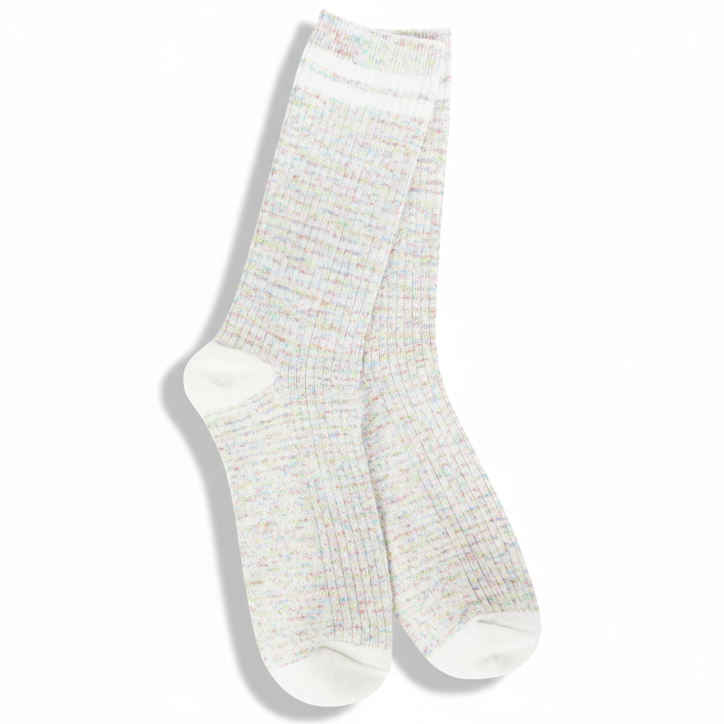 Mellow Monkey Birthday Cake crew socks in a soft, lightweight ribbed knit with a multi-colored confetti pattern.