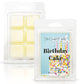 Mellow Monkey Birthday Cake scented wax melts, 6 cubes in a plastic clamshell package. Features a label with a decorated cake and candles.