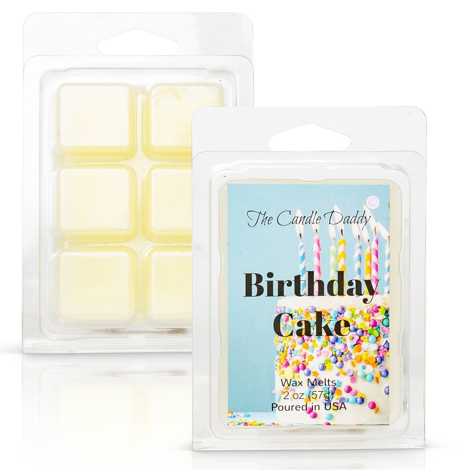 Mellow Monkey Birthday Cake scented wax melts, 6 cubes in a plastic clamshell package. Features a label with a decorated cake and candles.