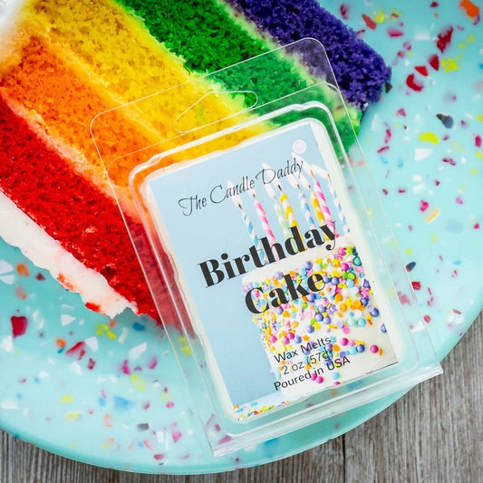 Mellow Monkey Birthday Cake scented wax melts with rainbow cake slice and sprinkles. Perfect for gifts and aromatherapy.