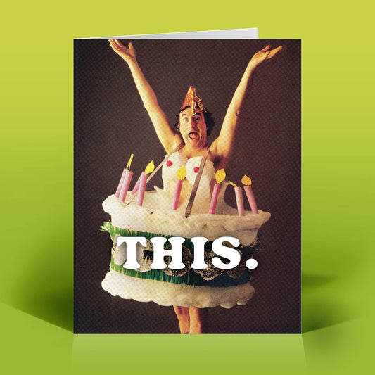 Mellow Monkey birthday greeting card featuring a retro photo of a person wearing a cake costume with candles.