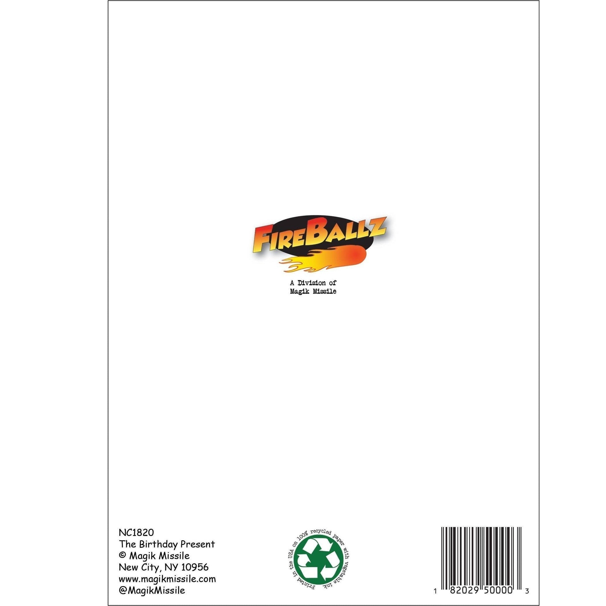 Mellow Monkey Birthday Present greeting card, 5" x 7", printed on recycled card stock with white envelope. Features Fireballz logo.