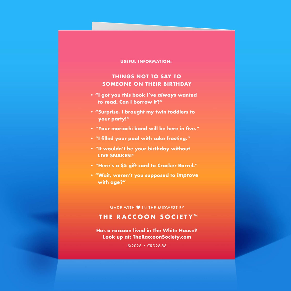 Mellow Monkey Father Time birthday card featuring a vibrant pink to orange gradient background with humorous text.