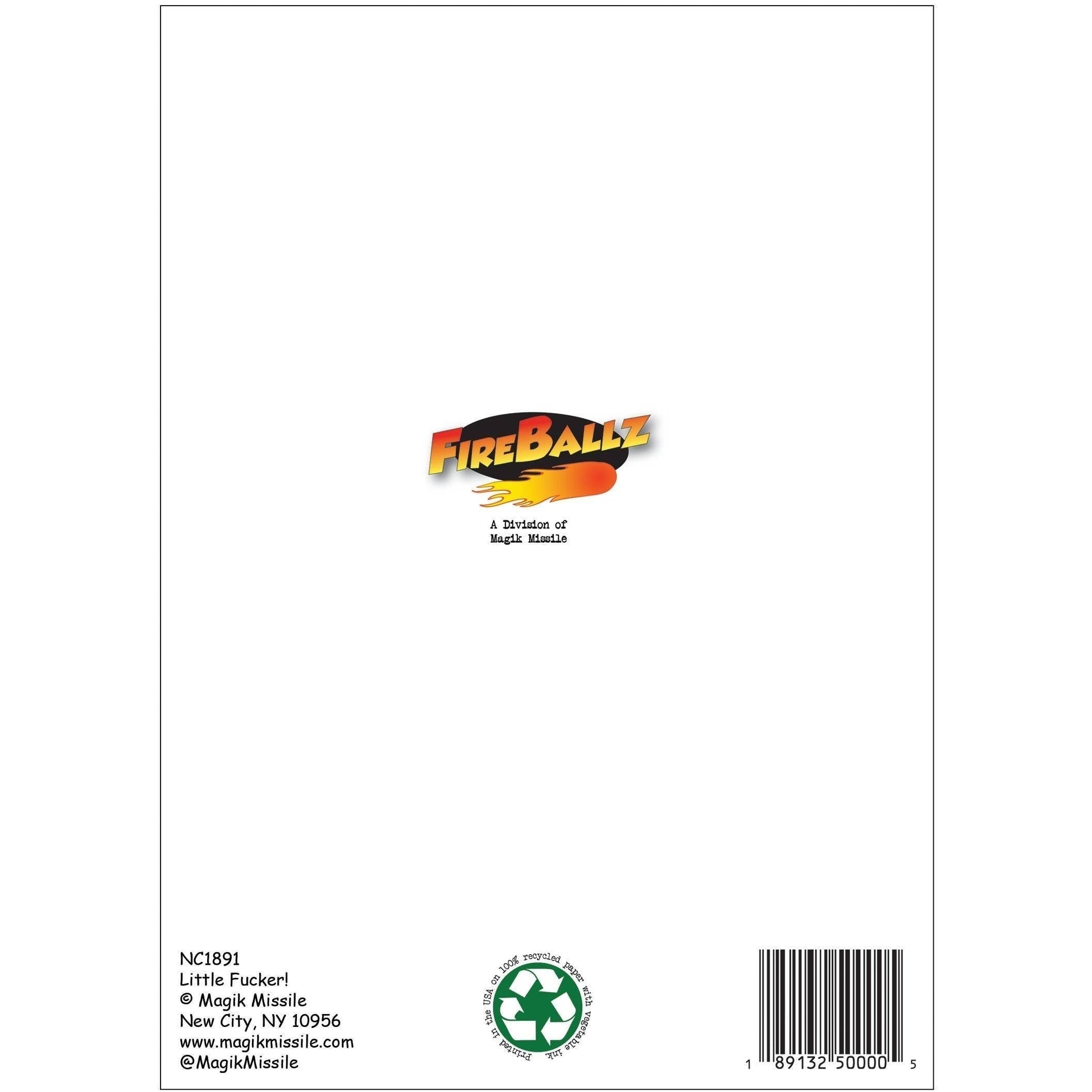 Mellow Monkey "Little Fucker!" birthday card printed on recycled card stock with white envelope. Features "Fireballz" logo.