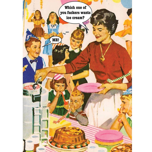 Mellow Monkey "Little Fucker" birthday card: a retro illustration of a woman serving ice cream at a party. Recycled card stock.