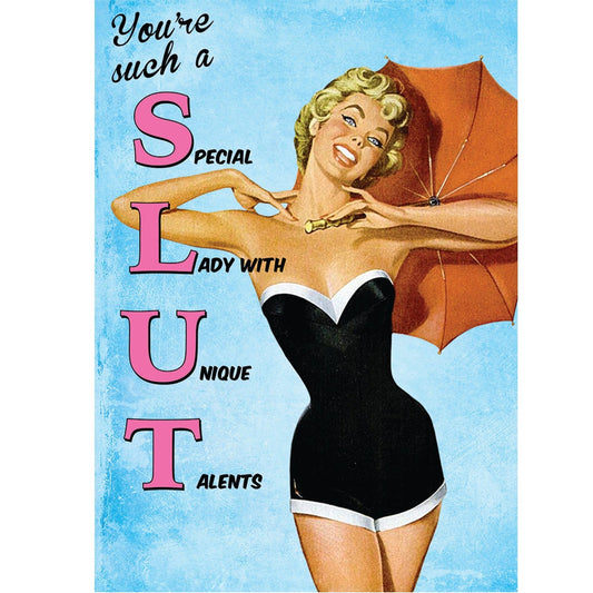 Mellow Monkey birthday card featuring a retro pin-up woman in a black swimsuit holding an orange umbrella. Text reads "You're such a S.L.U.T. Special Lady With Unique Talents."