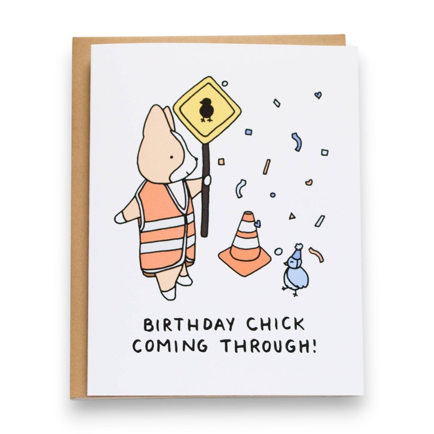 Mellow Monkey Birthday Chick Crossing greeting card with a cute illustration of a chick in a construction vest